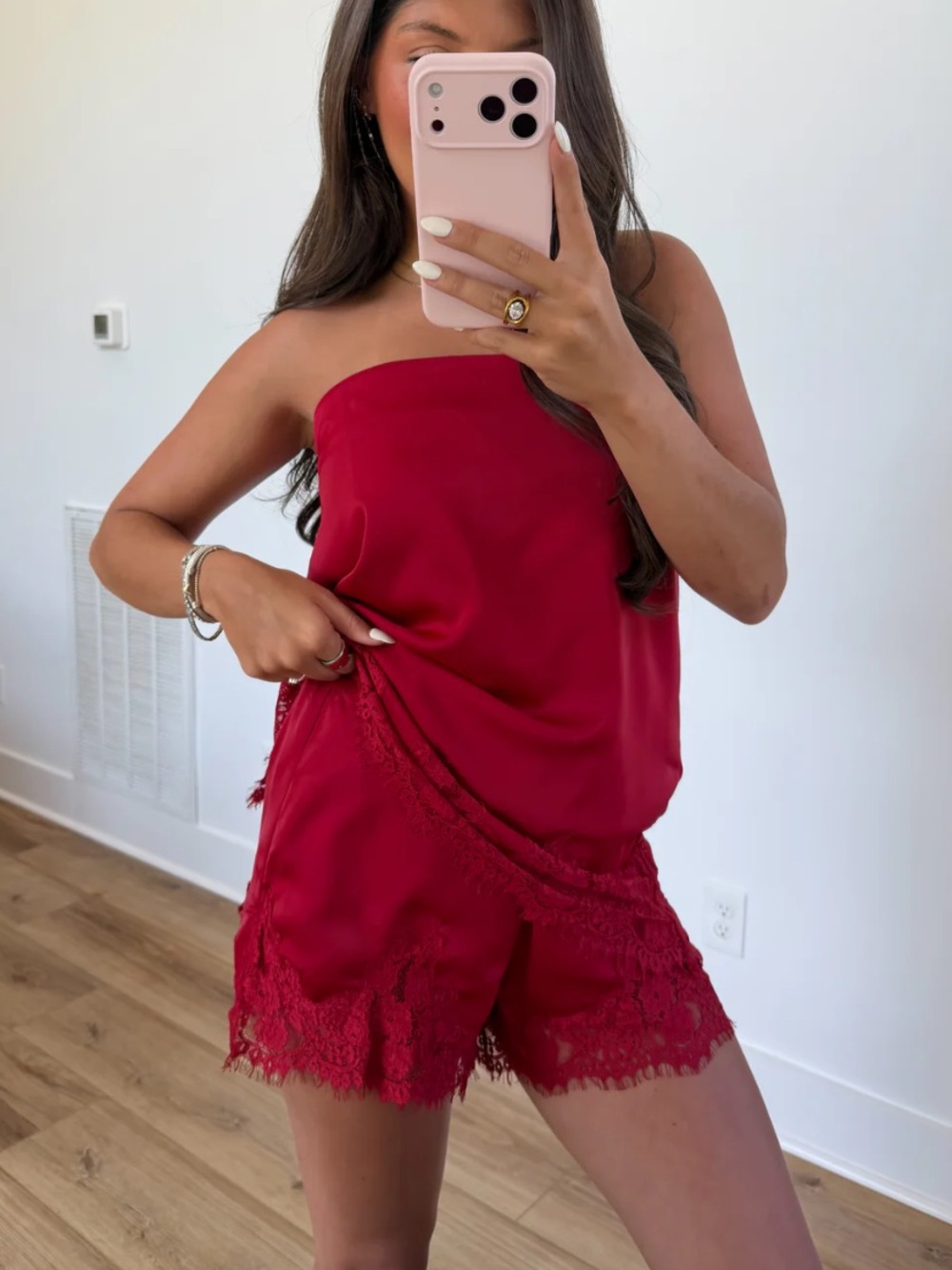 TCEC Red Lace Trim Satin Shorts - Picture 2 of 10